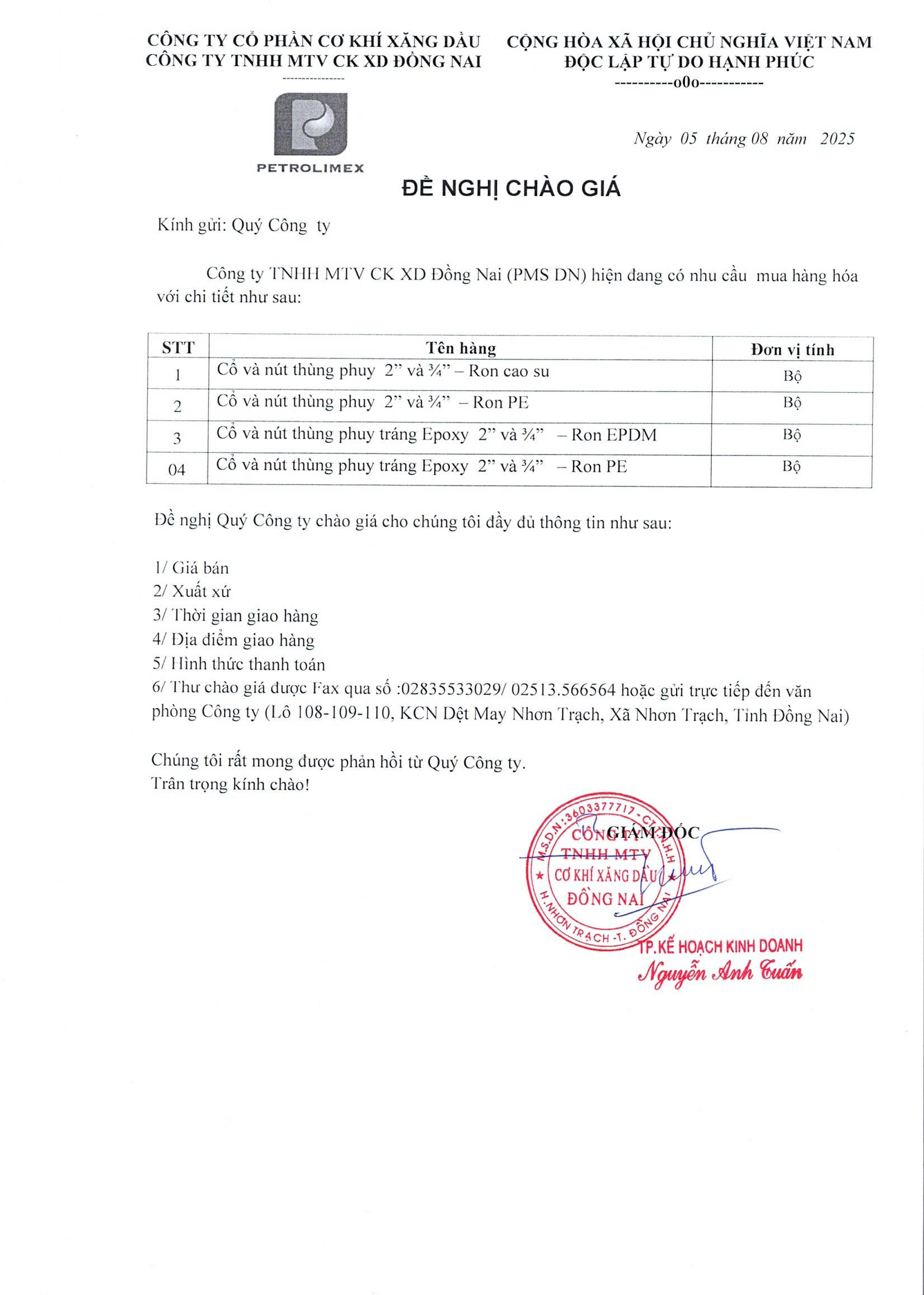 Đề nghị chào giá cổ và nút thùng phuy